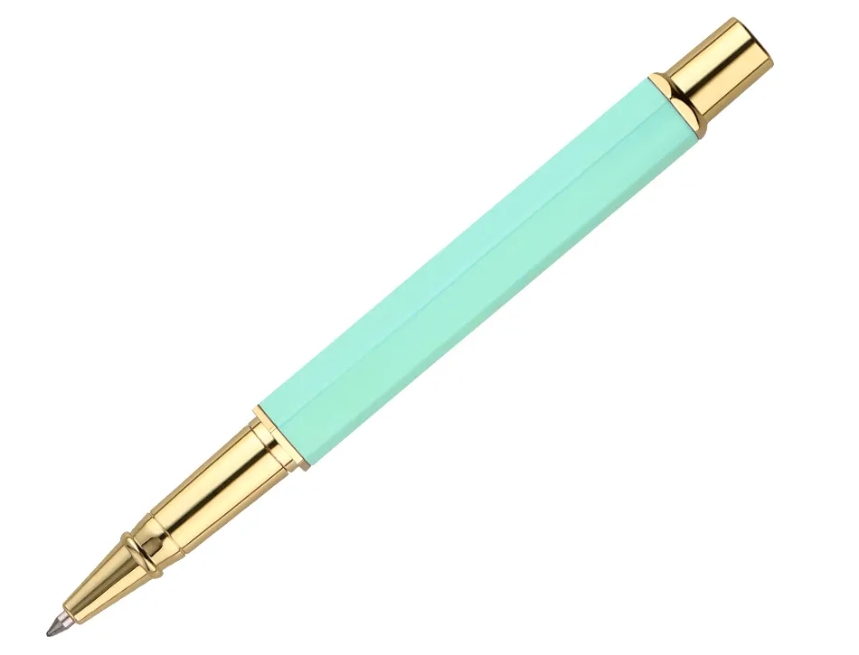 Stylo-bille belius macaron bliss hexagonal aluminium details et attributs or encre bleue coloris vert coffret cadeau