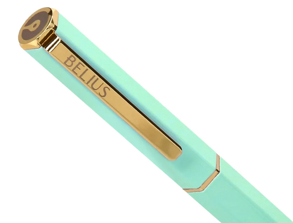 Stylo-bille belius macaron bliss hexagonal aluminium details et attributs or encre bleue coloris vert coffret cadeau