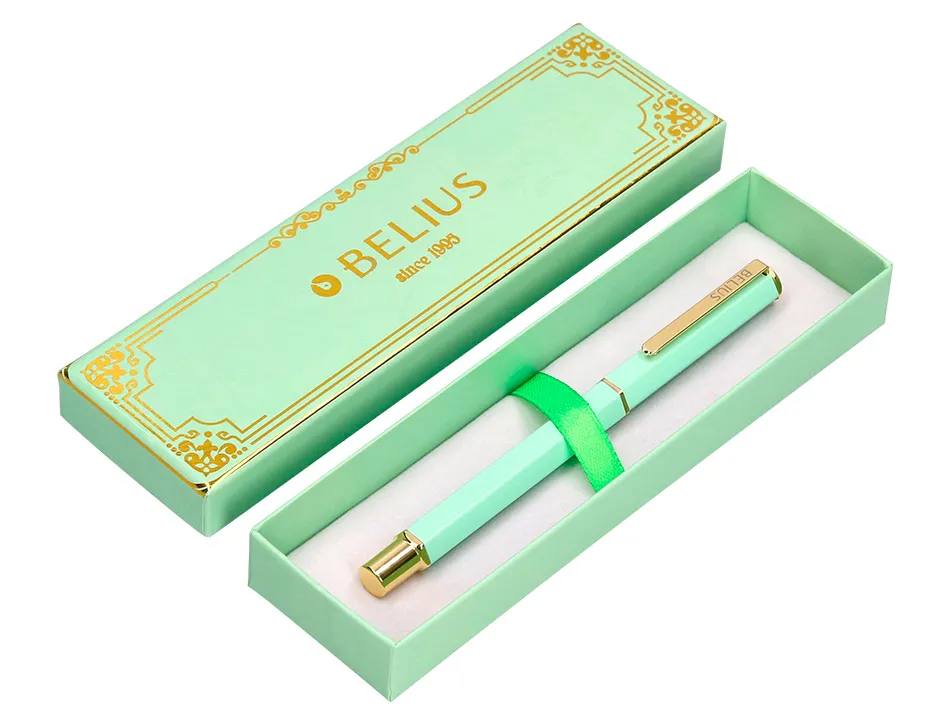 Stylo-bille belius macaron bliss hexagonal aluminium details et attributs or encre bleue coloris vert coffret cadeau