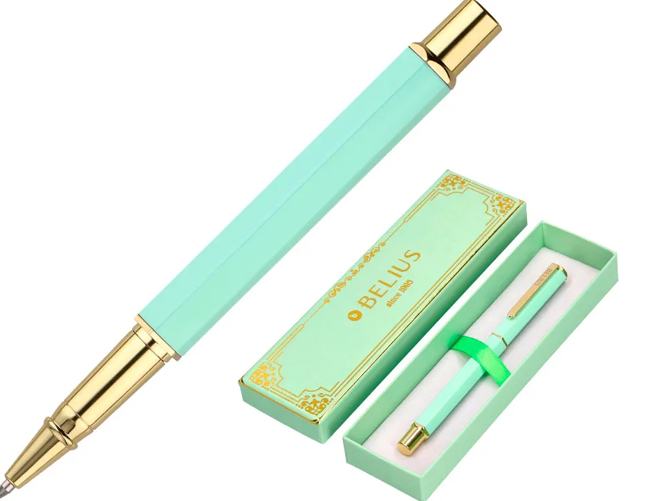 Stylo-bille belius macaron bliss hexagonal aluminium details et attributs or encre bleue coloris vert coffret cadeau