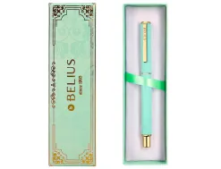 Stylo-bille belius macaron bliss hexagonal aluminium details et attributs or encre bleue coloris vert coffret cadeau