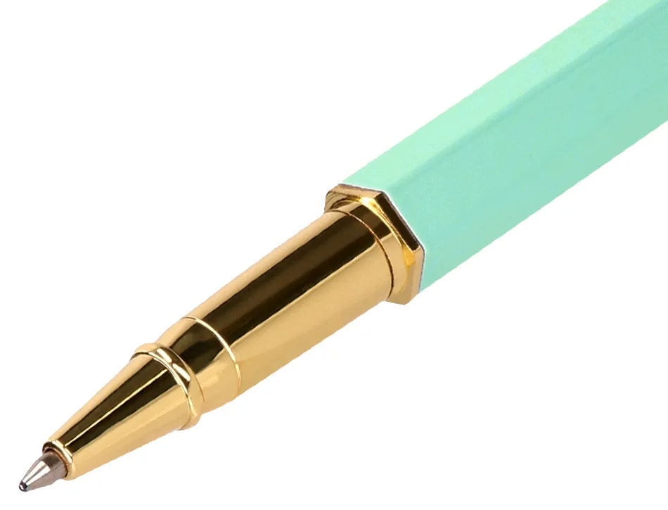 Stylo-bille belius macaron bliss hexagonal aluminium details et attributs or encre bleue coloris vert coffret cadeau