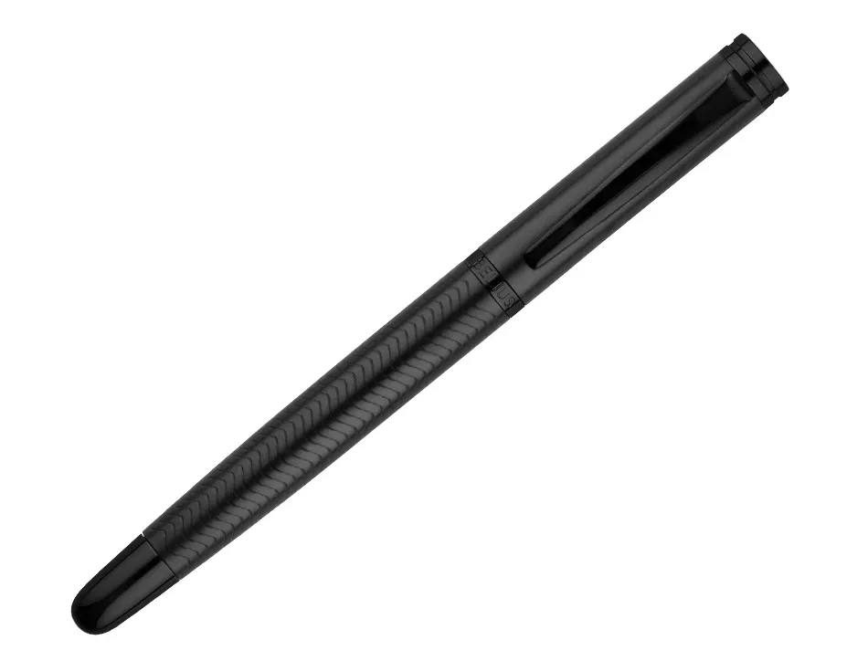 Stylo-bille belius neptuno corps aluminium texture wavy encre bleue coloris noir boite design