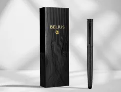 Stylo-bille belius neptuno corps aluminium texture wavy encre bleue coloris noir boite design