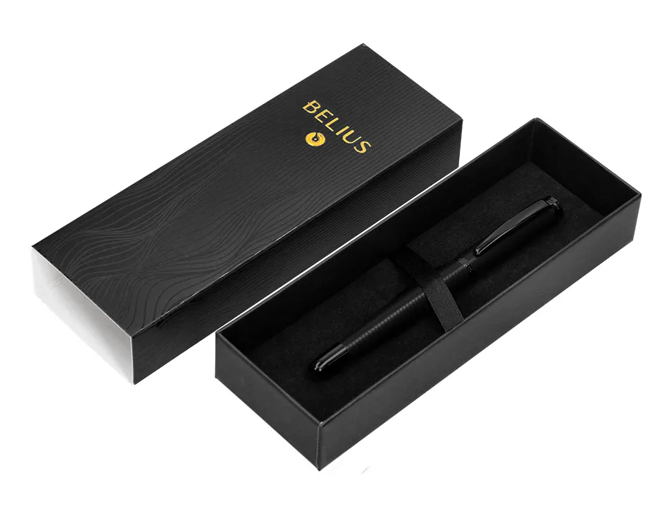 Stylo-bille belius neptuno corps aluminium texture wavy encre bleue coloris noir boite design