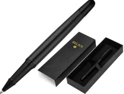 Stylo-bille belius neptuno corps aluminium texture wavy encre bleue coloris noir boite design
