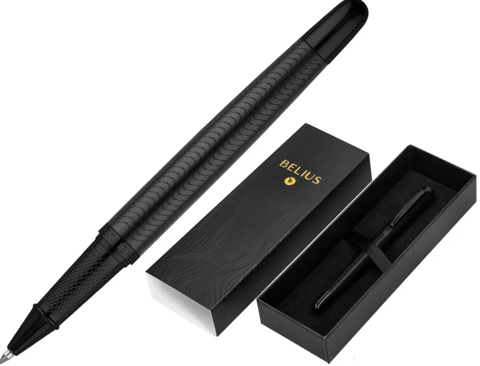 Stylo-bille belius neptuno corps aluminium texture wavy encre bleue coloris noir boite design