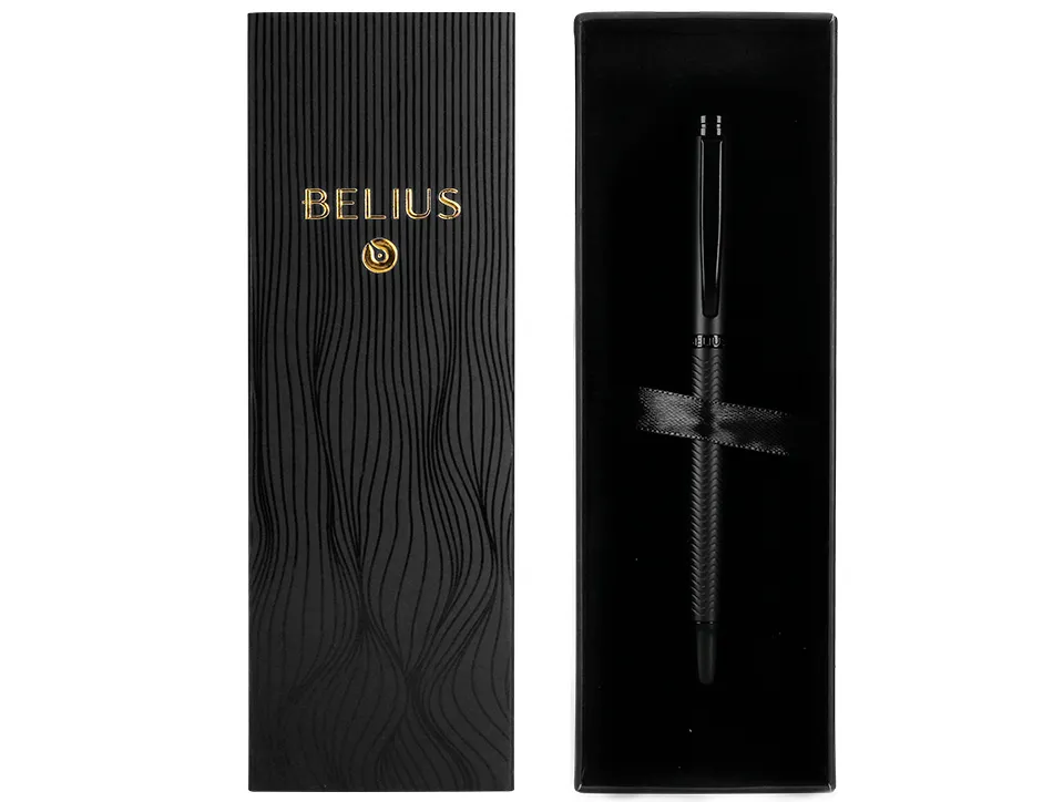 Stylo-bille belius neptuno corps aluminium texture wavy encre bleue coloris noir boite design