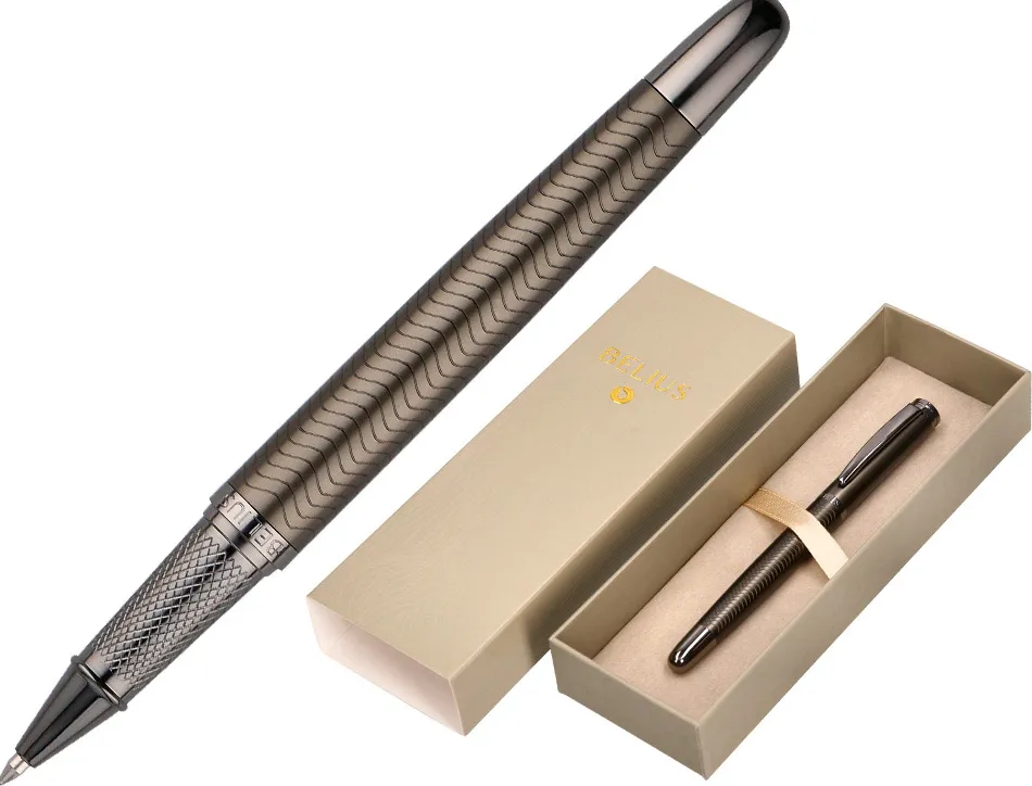 Stylo-bille belius neptuno aluminium texture ondulee attributs gun encre bleue coloris kaki dans coffret cadeau
