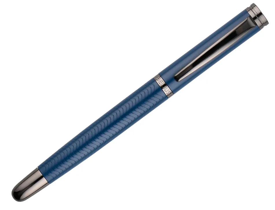 Stylo-bille belius neptuno aluminium texture ondulee attributs gun encre bleue coloris bleu marine dans coffret cadeau