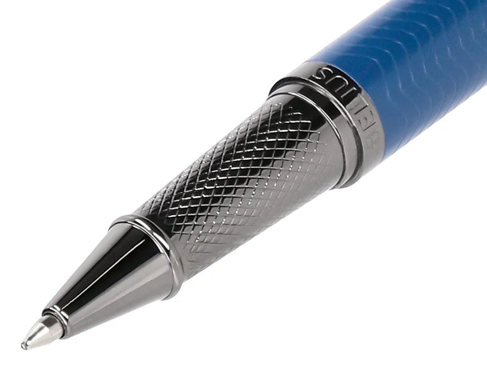 Stylo-bille belius neptuno aluminium texture ondulee attributs gun encre bleue coloris bleu marine dans coffret cadeau