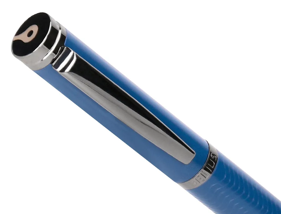 Stylo-bille belius neptuno aluminium texture ondulee attributs gun encre bleue coloris bleu marine dans coffret cadeau