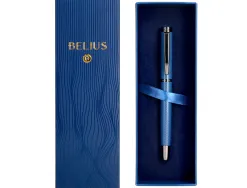 Stylo-bille belius neptuno aluminium texture ondulee attributs gun encre bleue coloris bleu marine dans coffret cadeau