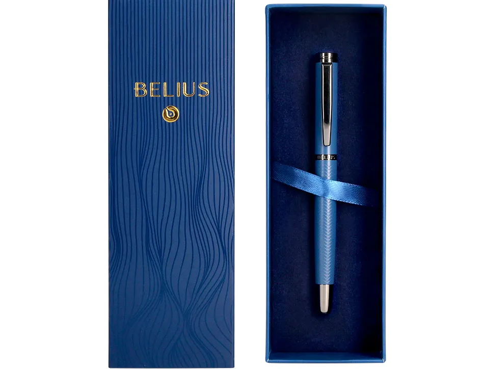 Stylo-bille belius neptuno aluminium texture ondulee attributs gun encre bleue coloris bleu marine dans coffret cadeau