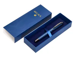 Stylo-bille belius neptuno aluminium texture ondulee attributs gun encre bleue coloris bleu marine dans coffret cadeau