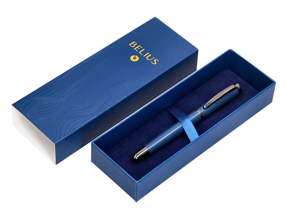 Stylo-bille belius neptuno aluminium texture ondulee attributs gun encre bleue coloris bleu marine dans coffret cadeau