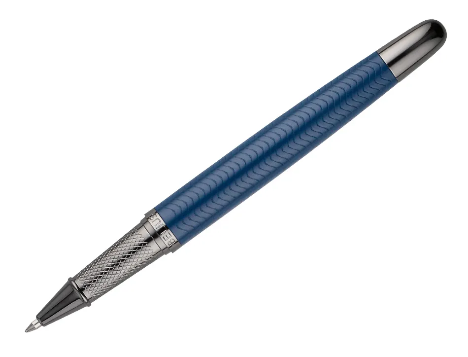 Stylo-bille belius neptuno aluminium texture ondulee attributs gun encre bleue coloris bleu marine dans coffret cadeau