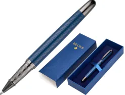 Stylo-bille belius neptuno aluminium texture ondulee attributs gun encre bleue coloris bleu marine dans coffret cadeau