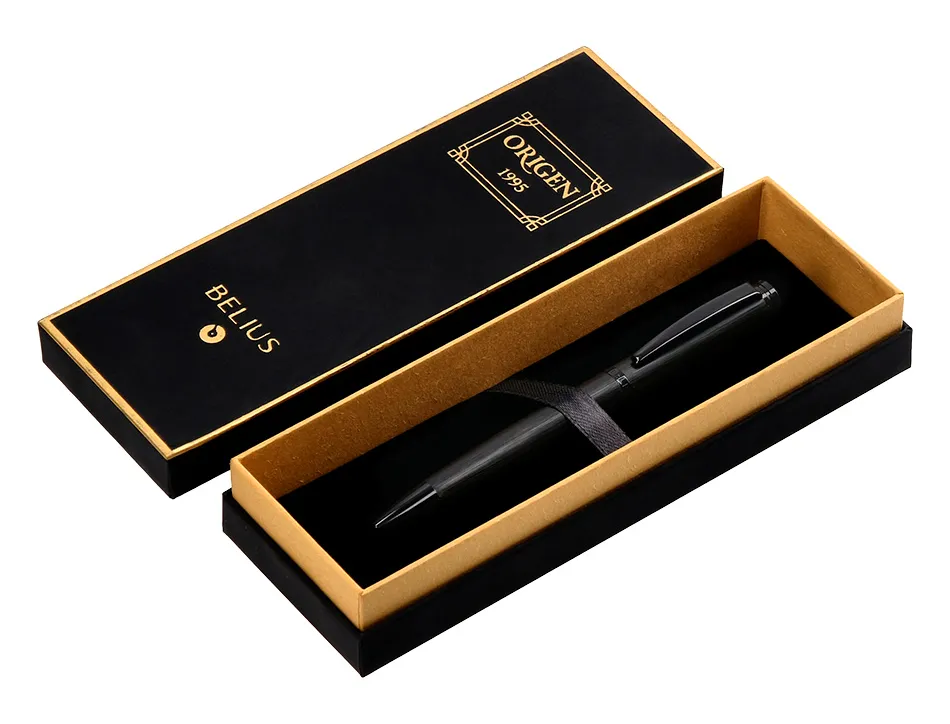 Stylo-bille belius origen aluminium brosse encre bleue coloris noir dans coffret cadeau