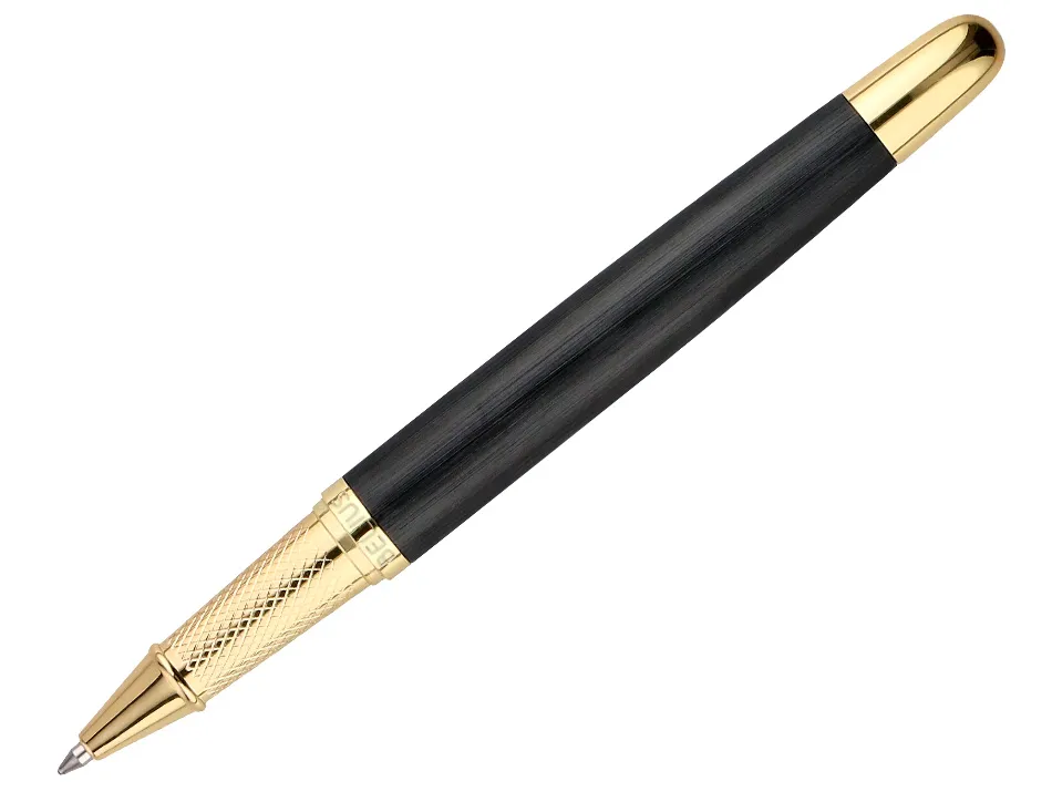 Stylo-bille belius passion aluminium brosse attributs or encre bleue coloris noir dans coffret cadeau