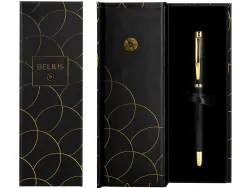 Stylo-bille belius passion aluminium brosse attributs or encre bleue coloris noir dans coffret cadeau