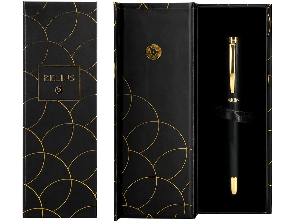 Stylo-bille belius passion aluminium brosse attributs or encre bleue coloris noir dans coffret cadeau