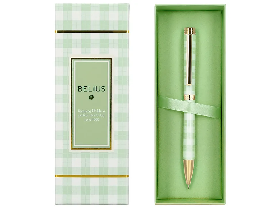 Stylo-bille belius picnic aluminium encre bleue coloris vert dore boite design