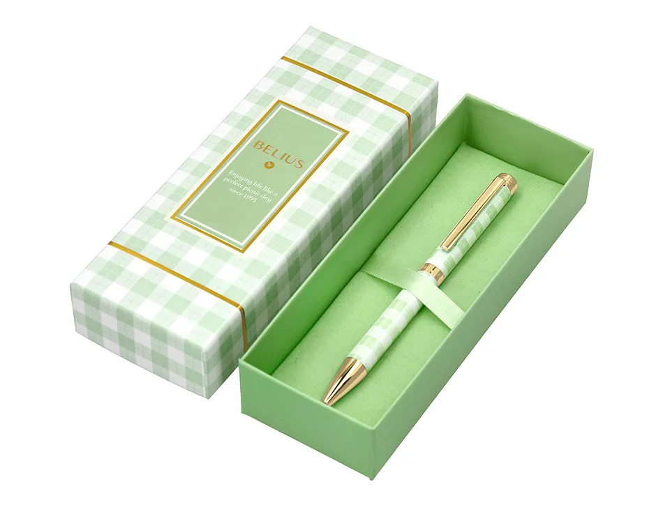 Stylo-bille belius picnic aluminium encre bleue coloris vert dore boite design