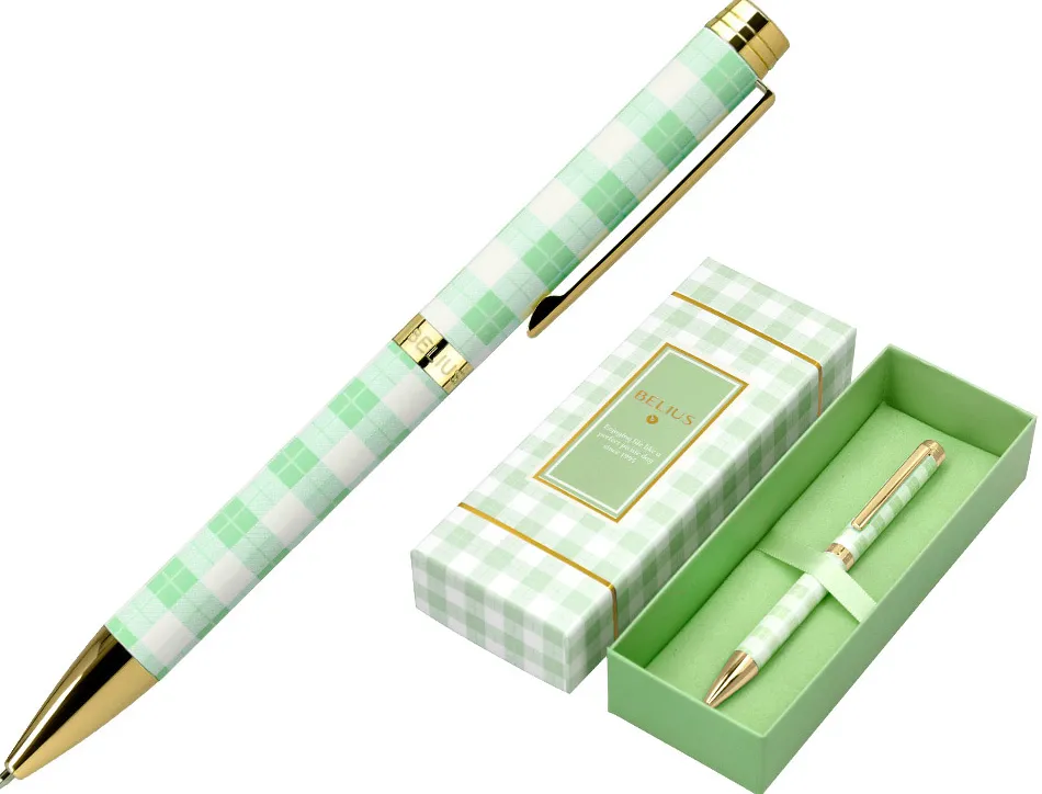 Stylo-bille belius picnic aluminium encre bleue coloris vert dore boite design