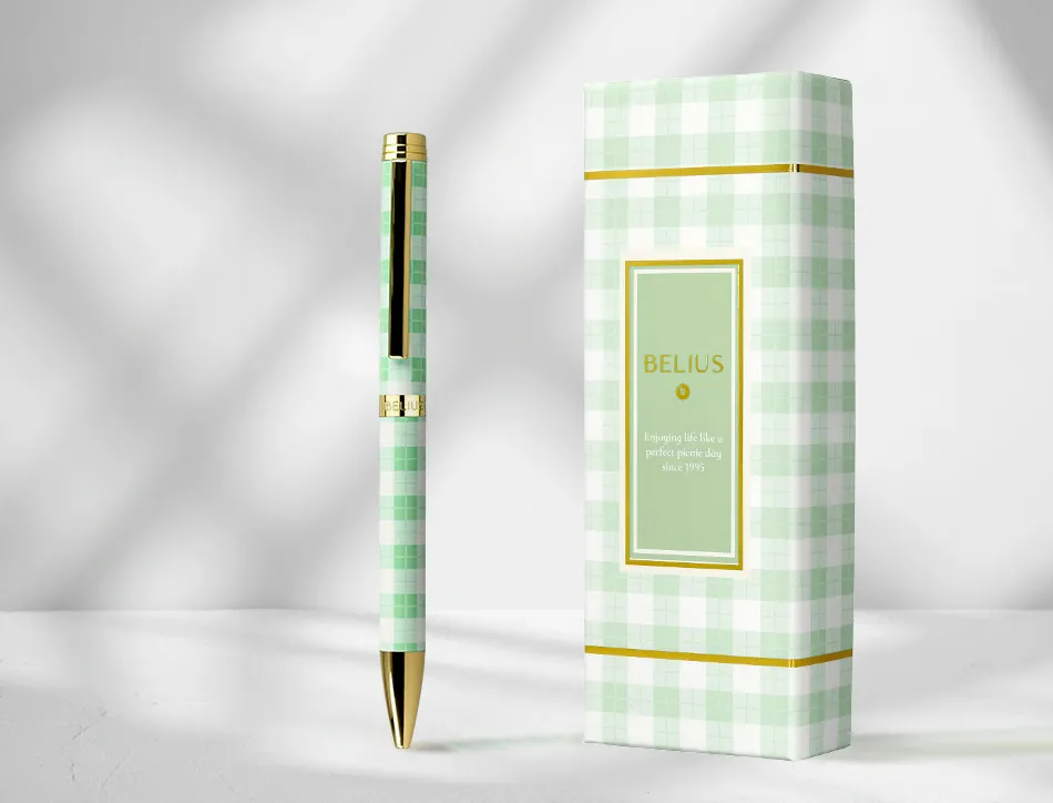 Stylo-bille belius picnic aluminium encre bleue coloris vert dore boite design