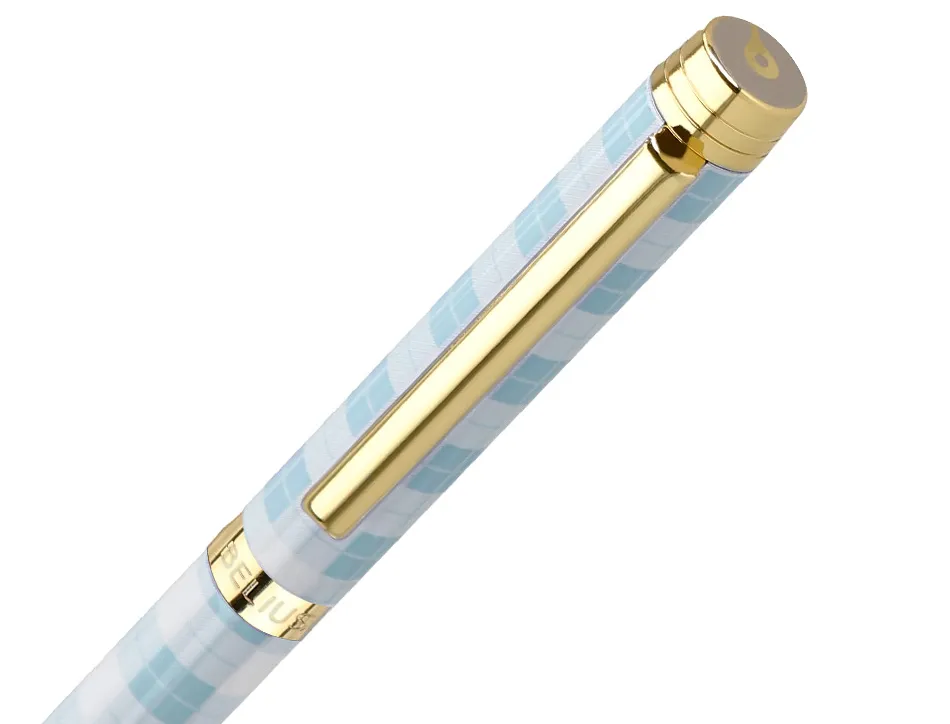 Stylo-bille belius picnic aluminium encre bleue coloris bleu ciel dore boite design