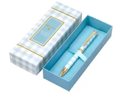 Stylo-bille belius picnic aluminium encre bleue coloris bleu ciel dore boite design