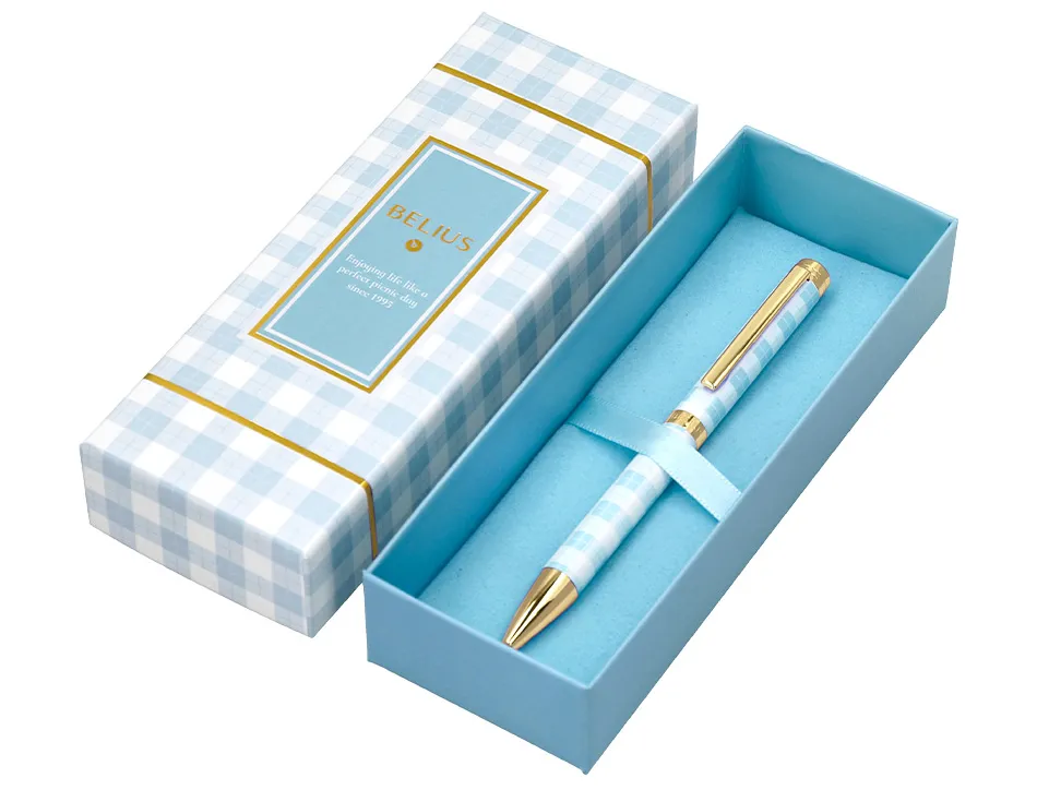 Stylo-bille belius picnic aluminium encre bleue coloris bleu ciel dore boite design