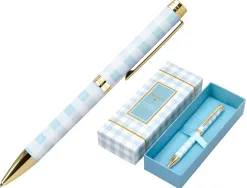 Stylo-bille belius picnic aluminium encre bleue coloris bleu ciel dore boite design