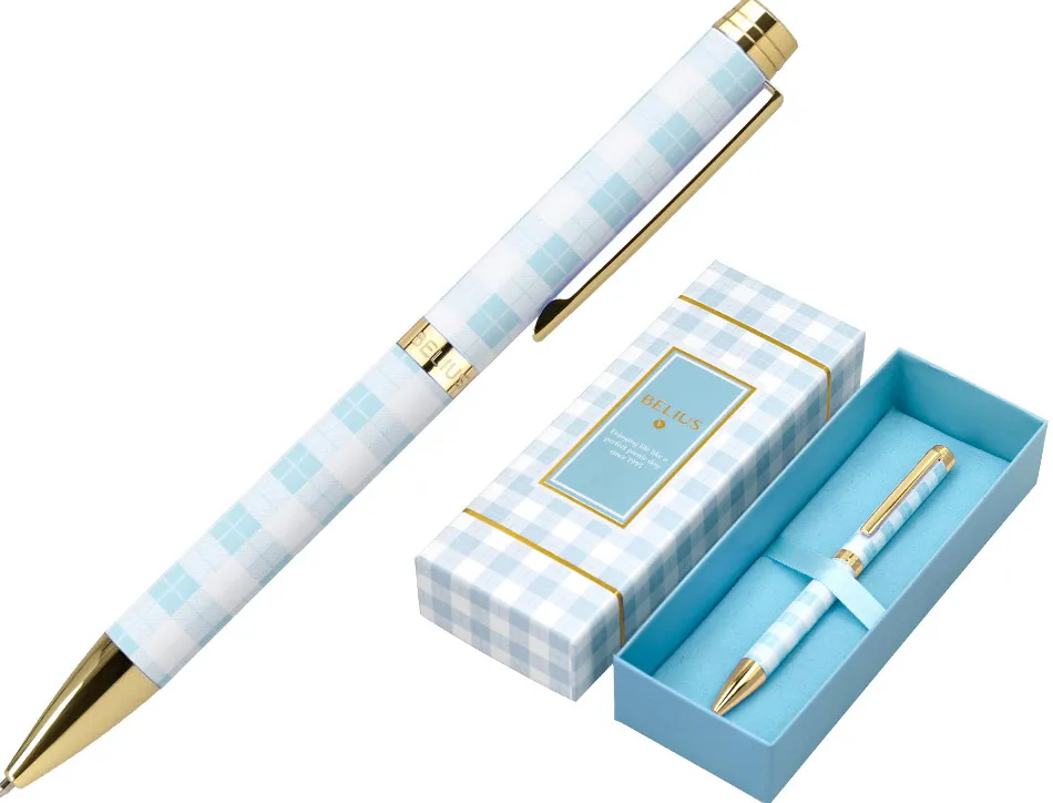 Stylo-bille belius picnic aluminium encre bleue coloris bleu ciel dore boite design