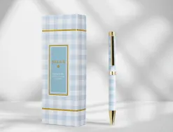 Stylo-bille belius picnic aluminium encre bleue coloris bleu ciel dore boite design