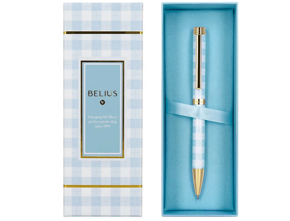 Stylo-bille belius picnic aluminium encre bleue coloris bleu ciel dore boite design