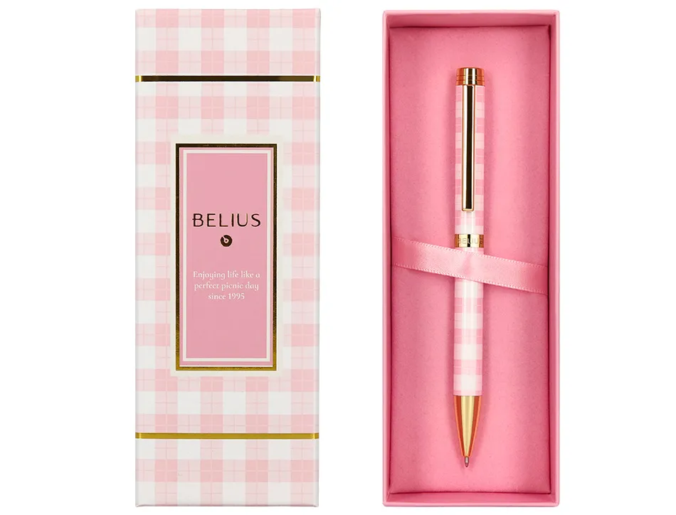 Stylo-bille belius picnic aluminium encre bleue coloris rose dore boite design