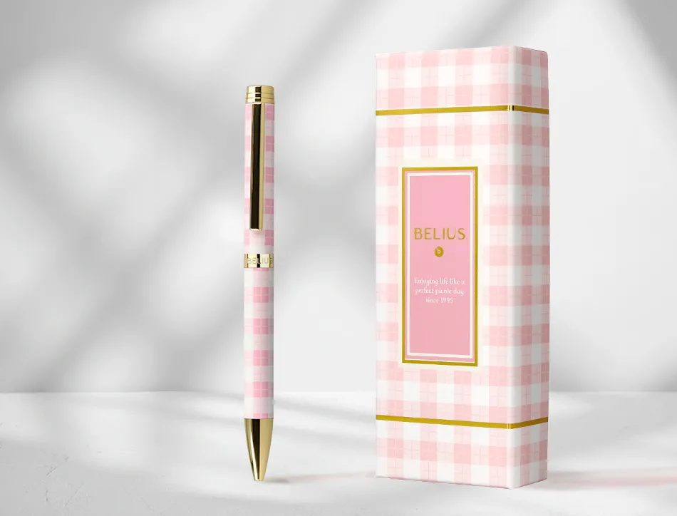 Stylo-bille belius picnic aluminium encre bleue coloris rose dore boite design