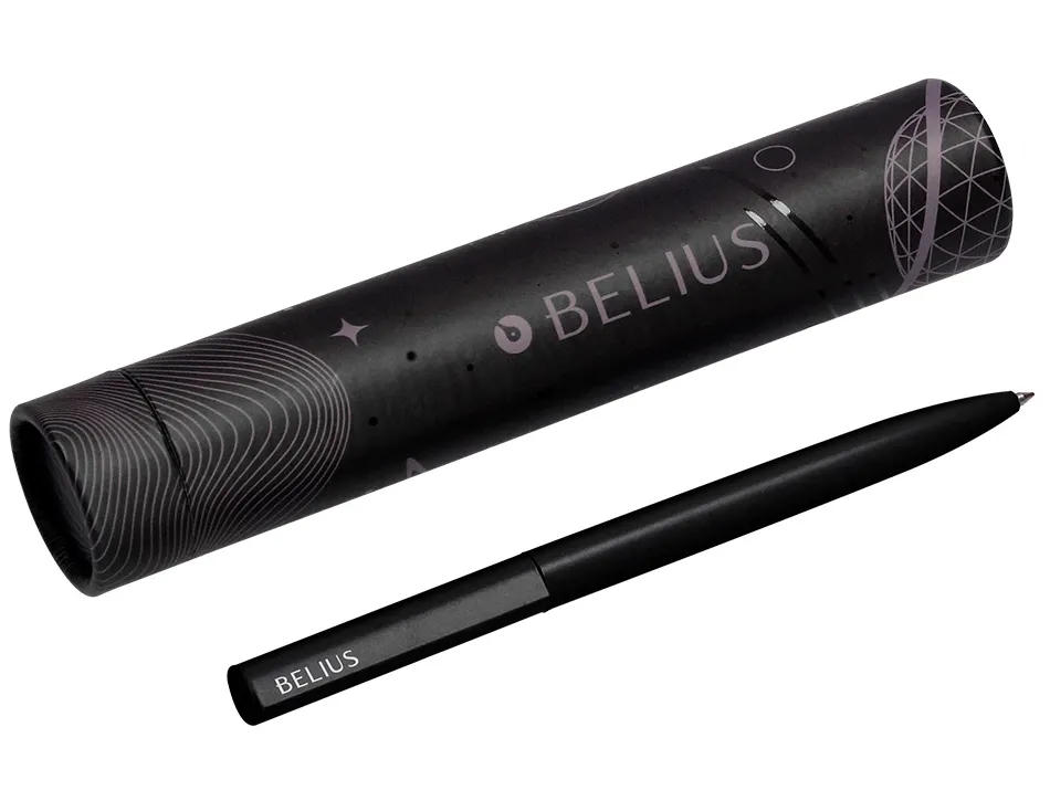 Stylo-bille belius rocket b monochrome sans agrafe encre bleue coloris noir dans coffret cadeau original cylindrique