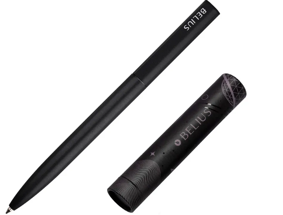Stylo-bille belius rocket b monochrome sans agrafe encre bleue coloris noir dans coffret cadeau original cylindrique
