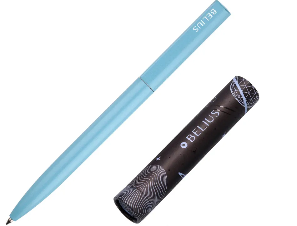 Stylo-bille belius rocket b monochrome sans agrafe encre bleue coloris bleu dans coffret cadeau original cylindrique