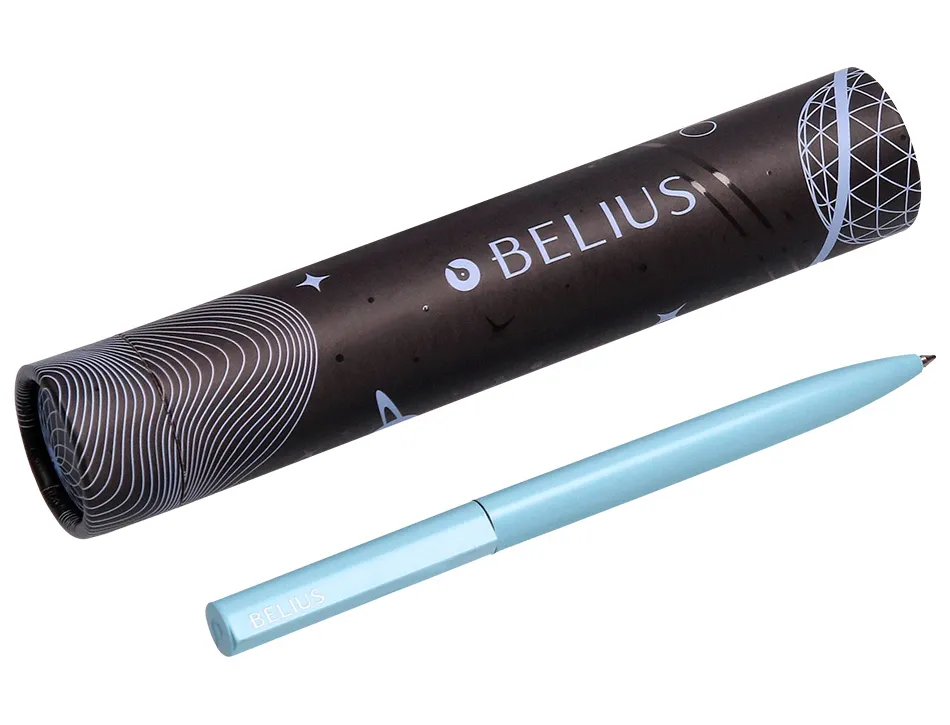 Stylo-bille belius rocket b monochrome sans agrafe encre bleue coloris bleu dans coffret cadeau original cylindrique