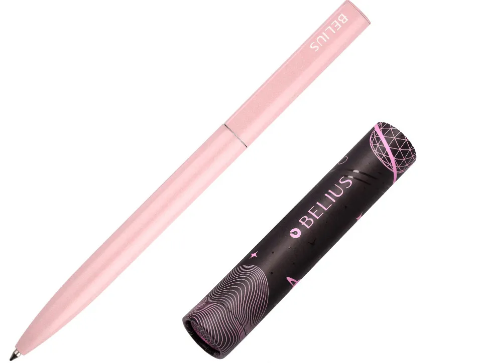 Stylo-bille belius rocket b monochrome sans agrafe encre bleue coloris rose dans coffret cadeau original cylindrique