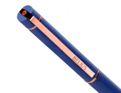 Stylo-bille belius rose aluminium details et attributs or rose encre bleue coloris bleu electrique dans coffret cadeau