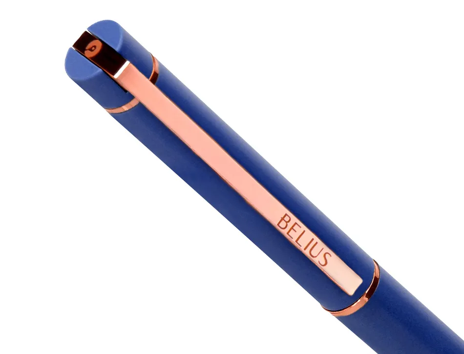 Stylo-bille belius rose aluminium details et attributs or rose encre bleue coloris bleu electrique dans coffret cadeau