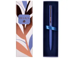 Stylo-bille belius rose aluminium details et attributs or rose encre bleue coloris bleu electrique dans coffret cadeau