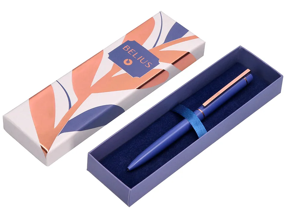 Stylo-bille belius rose aluminium details et attributs or rose encre bleue coloris bleu electrique dans coffret cadeau
