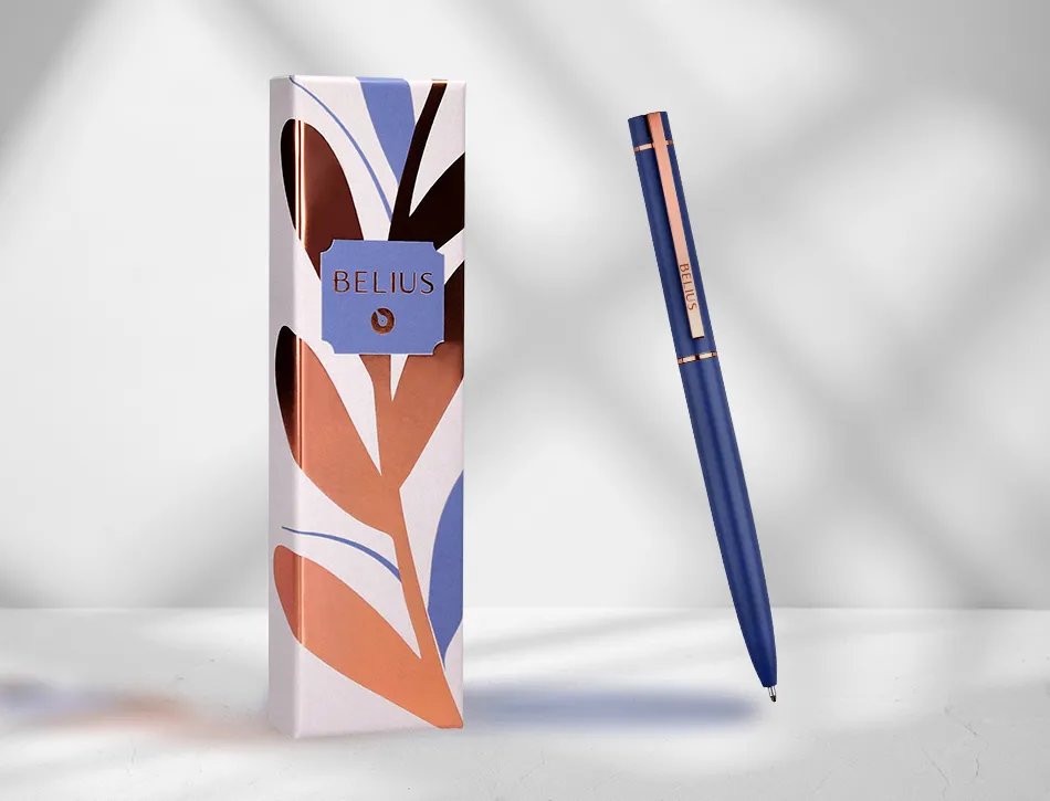 Stylo-bille belius rose aluminium details et attributs or rose encre bleue coloris bleu electrique dans coffret cadeau