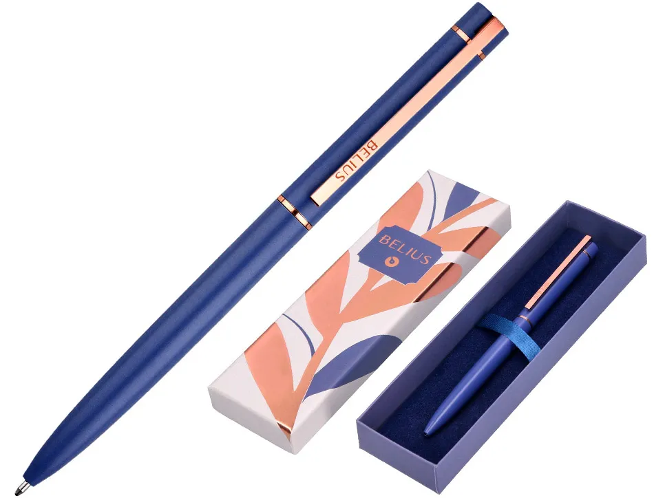 Stylo-bille belius rose aluminium details et attributs or rose encre bleue coloris bleu electrique dans coffret cadeau